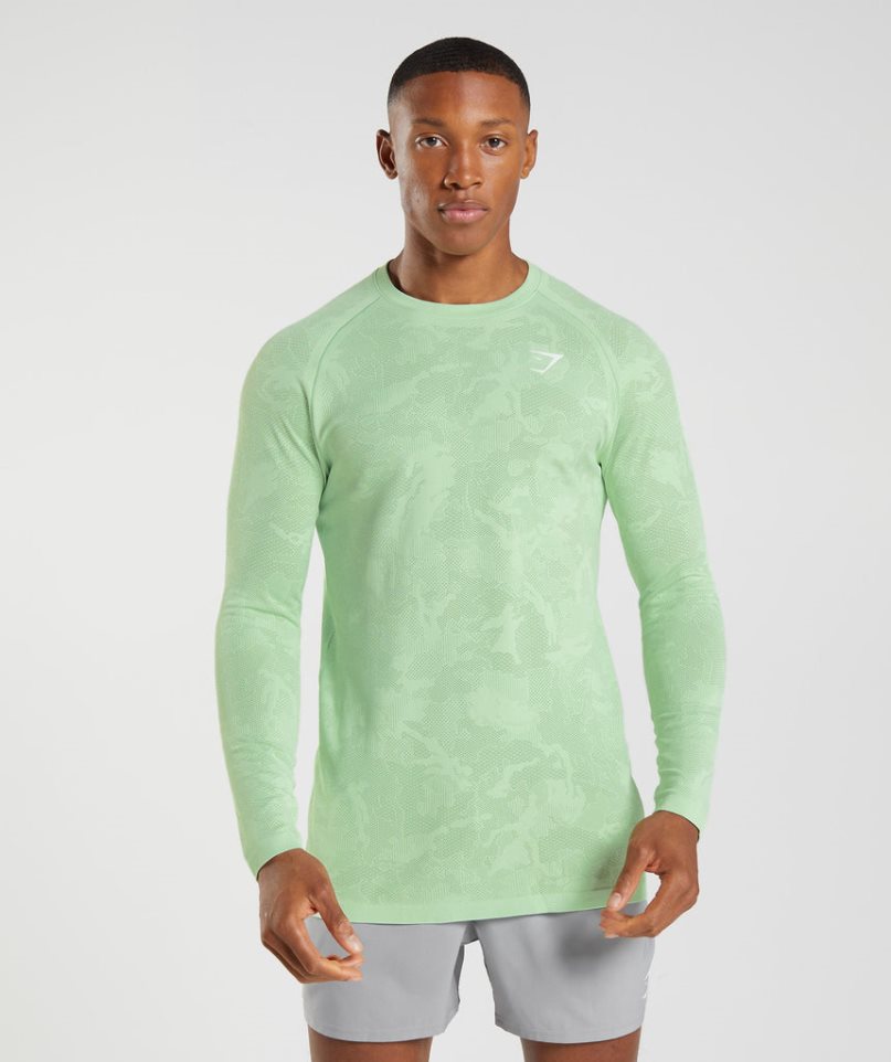 Men\'s Gymshark Geo Seamless Long Sleeve T-Shirts Light Green | NZ 2DYVCL